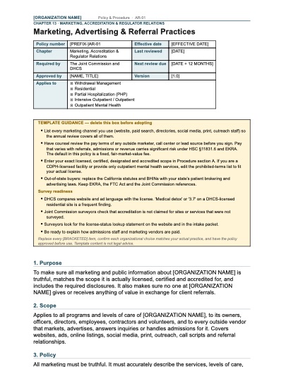 AR-01 Marketing, Advertising & Referral Practices, first page