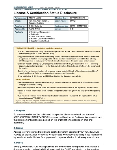 AR-02 License & Certification Status Disclosure, first page
