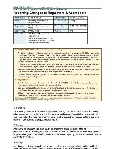 AR-04 Reporting Changes to Regulators & Accreditors, first page
