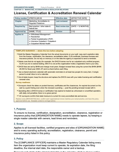 AR-06 License, Certification & Accreditation Renewal Calendar, first page