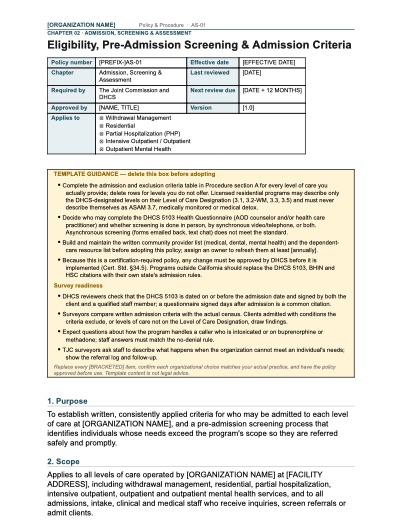AS-01 Eligibility, Pre-Admission Screening & Admission Criteria, first page