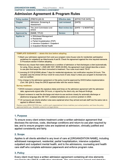 AS-02 Admission Agreement & Program Rules, first page