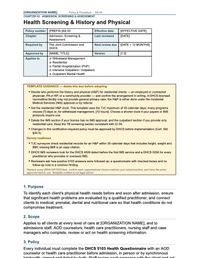 AS-03 Health Screening & History and Physical, first page