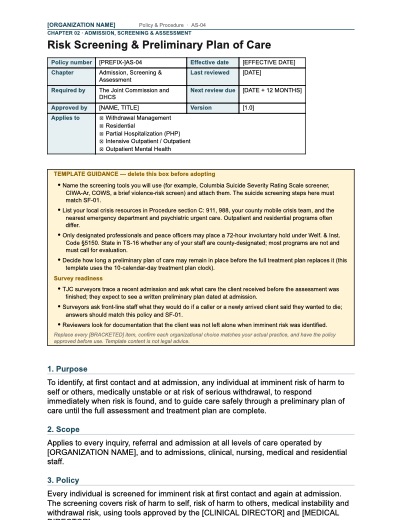 AS-04 Risk Screening & Preliminary Plan of Care, first page