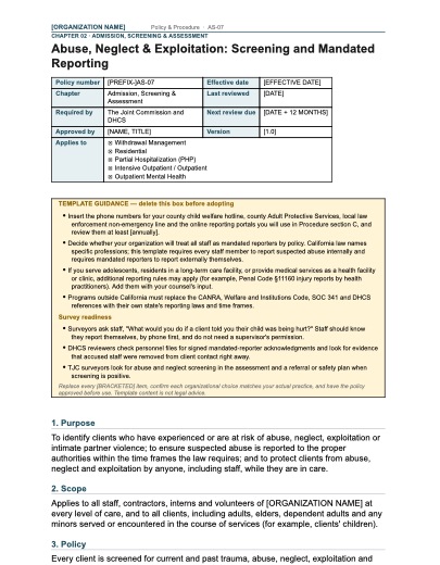 AS-07 Abuse, Neglect & Exploitation: Screening and Mandated Reporting, first page