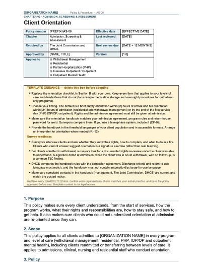 AS-08 Client Orientation, first page