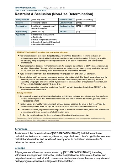 CP-01 Restraint & Seclusion (Non-Use Determination), first page