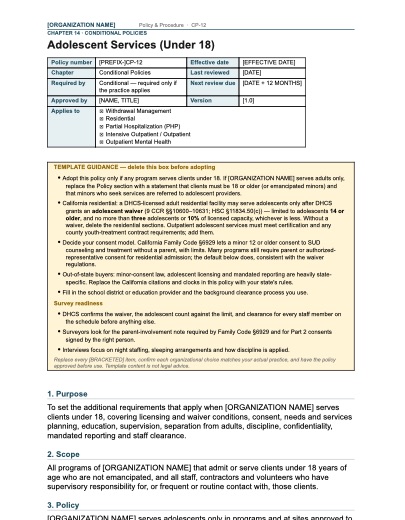 CP-12 Adolescent Services (Under 18), first page