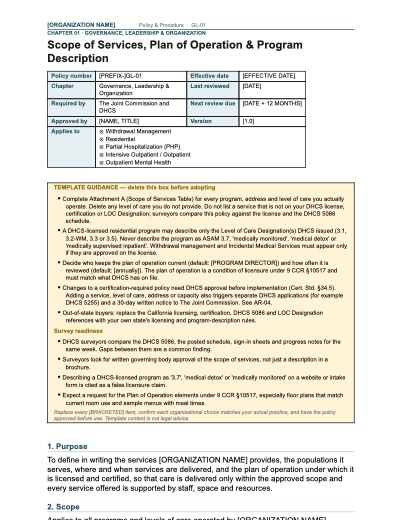 GL-01 Scope of Services, Plan of Operation & Program Description, first page