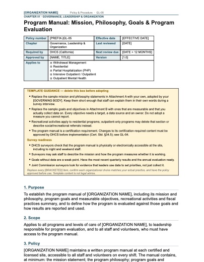 GL-05 Program Manual: Mission, Philosophy, Goals & Program Evaluation, first page