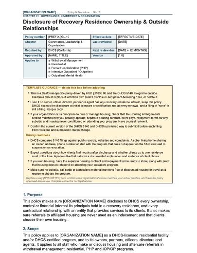 GL-10 Disclosure of Recovery Residence Ownership & Outside Relationships, first page