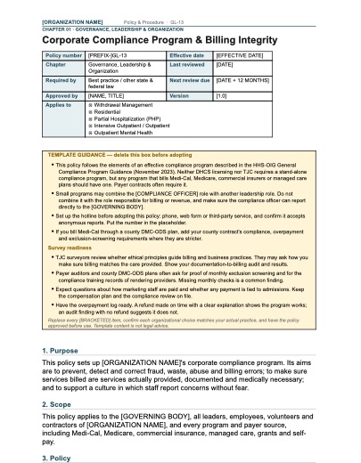 GL-13 Corporate Compliance Program & Billing Integrity, first page