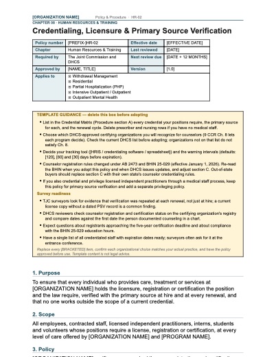 HR-02 Credentialing, Licensure & Primary Source Verification, first page