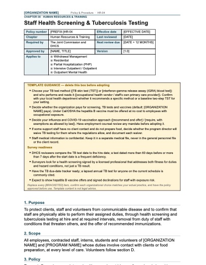 HR-04 Staff Health Screening & Tuberculosis Testing, first page