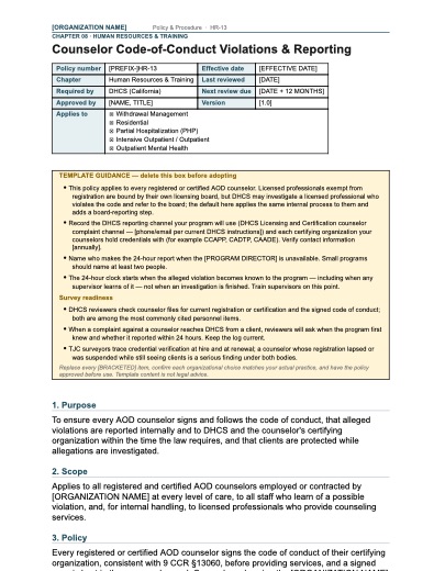 HR-13 Counselor Code-of-Conduct Violations & Reporting, first page