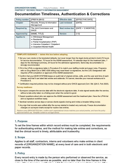 IM-02 Documentation Timeliness, Authentication & Corrections, first page