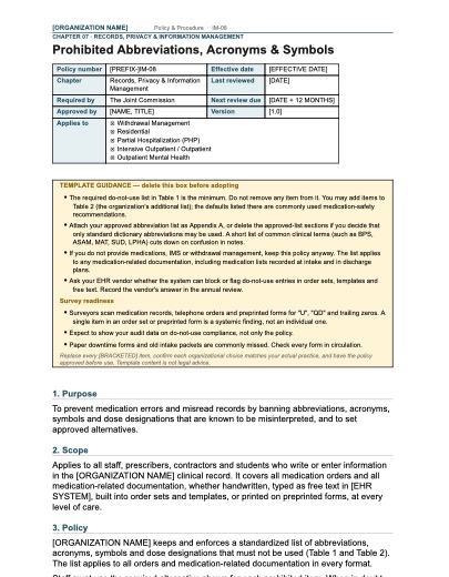 IM-08 Prohibited Abbreviations, Acronyms & Symbols, first page