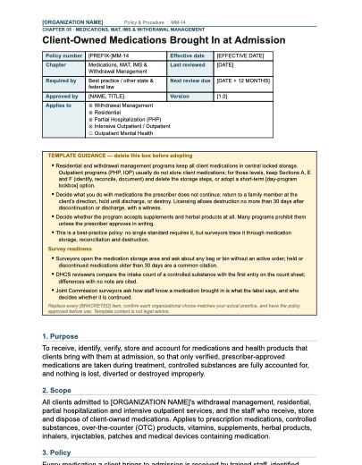 MM-14 Client-Owned Medications Brought In at Admission, first page