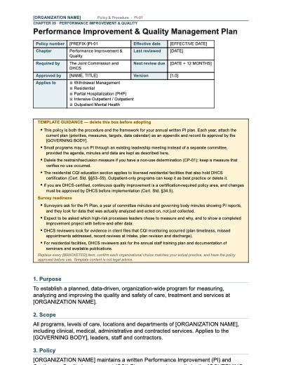PI-01 Performance Improvement & Quality Management Plan, first page