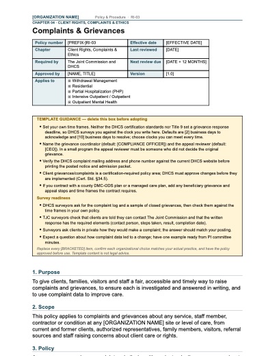 RI-03 Complaints & Grievances, first page