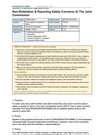 RI-11 Non-Retaliation & Reporting Safety Concerns to The Joint Commission, first page