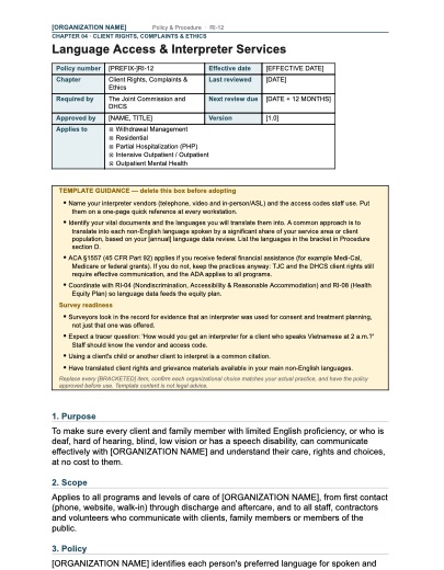 RI-12 Language Access & Interpreter Services, first page
