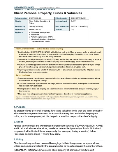 RI-13 Client Personal Property, Funds & Valuables, first page