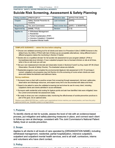SF-01 Suicide Risk Screening, Assessment & Safety Planning, first page