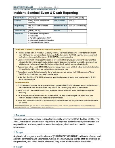 SF-03 Incident, Sentinel Event & Death Reporting, first page