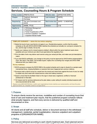 TS-03 Services, Counseling Hours & Program Schedule, first page