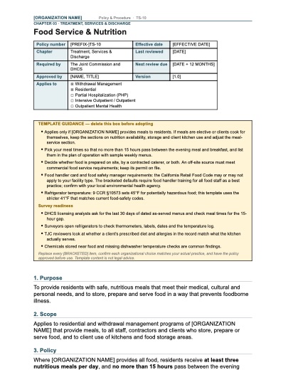 TS-10 Food Service & Nutrition, first page