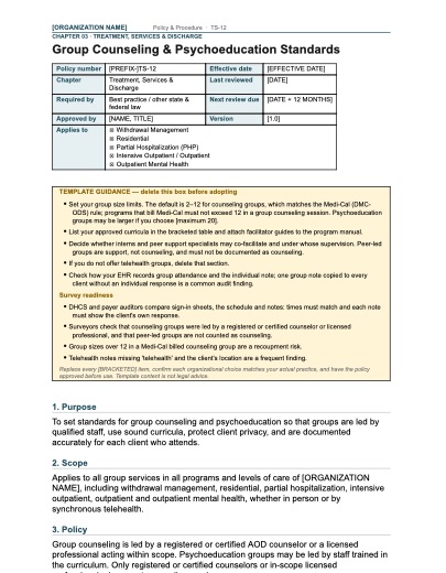 TS-12 Group Counseling & Psychoeducation Standards, first page